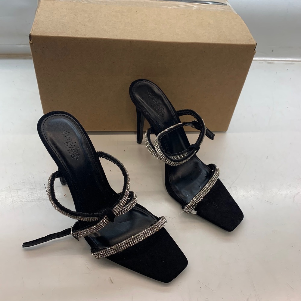 Charlotte Russe Womens Black Rhinestone Square Toe Stiletto Heel Sandals Size 7
